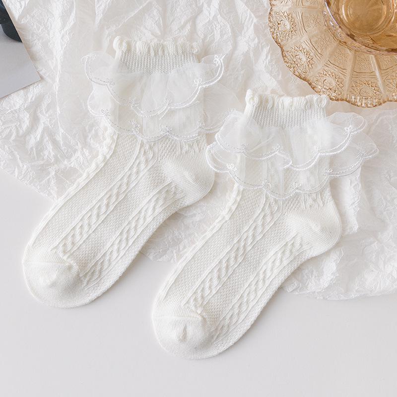 Lolita Lace Cotton Princess Socks for Girls - Black Dance Socks for Spring, Autumn, Winter