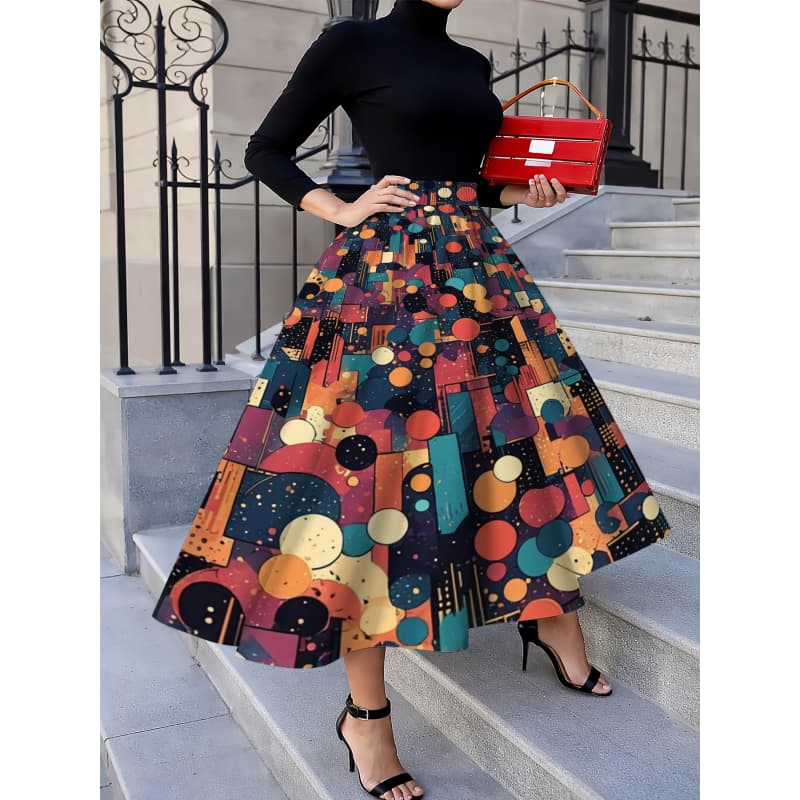 Elegancka i modna spódnica midi damska, casualowa sukienka midi z nadrukiem, modny wzorzysty nadruk, do biura/na relaks/na randkę/na imprezy/na kanapki