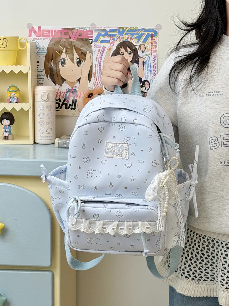 2 sizes of lace women's backpacks with beaded pendants Ins Cute Cartoon Printed school bags Sweet ladies travel mini backpack