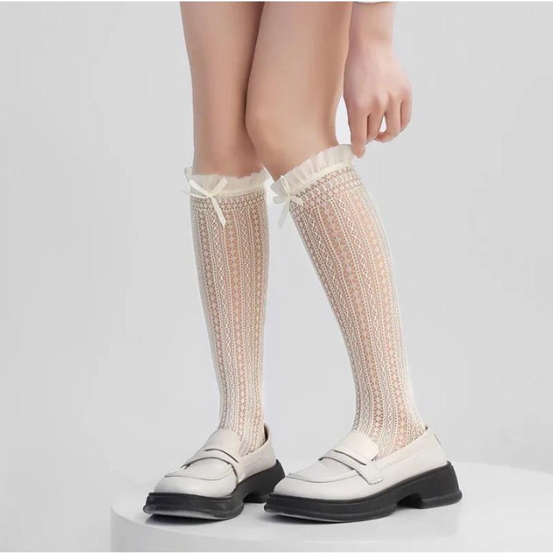 

Spring and Summer Lightweight and Breathable Mesh Stockings with An Academic Style, Cute Lace, Bow, and Openwork Patterns - Lolita Stockings 1 pair молоко, білий колір