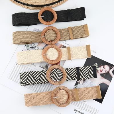 Belt Women'S Non-Porous Cotton And Linen Wind Grass Woven Belt Round Square Buckle Dress Long Shirt Decoration