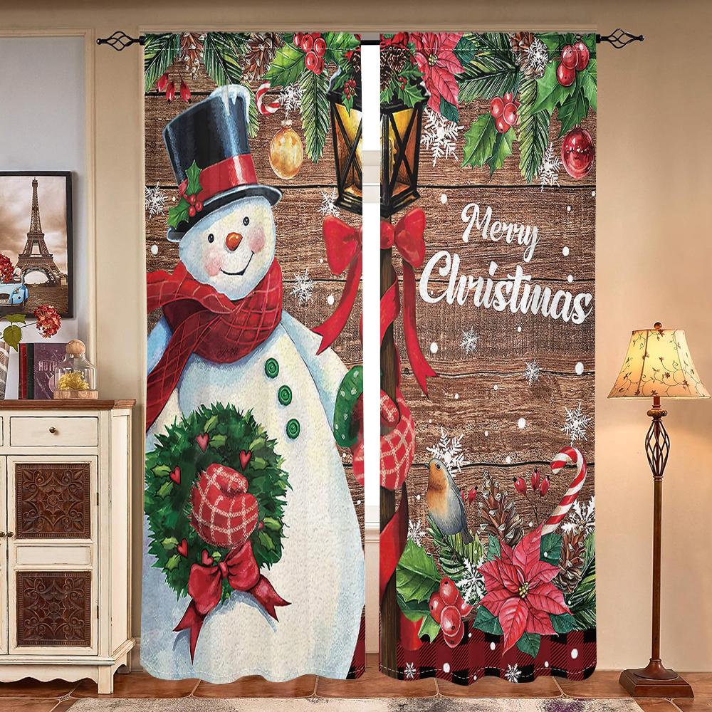 2 Pieces, Snowman Christmas Wooden Background Curtains -30% Blackout - Suitable for Living Room, Bedroom, Kitchen, Home Decorati