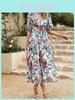 Floral Print V Neck Dress With Short Lantern Sleeves For Casual Female Wear