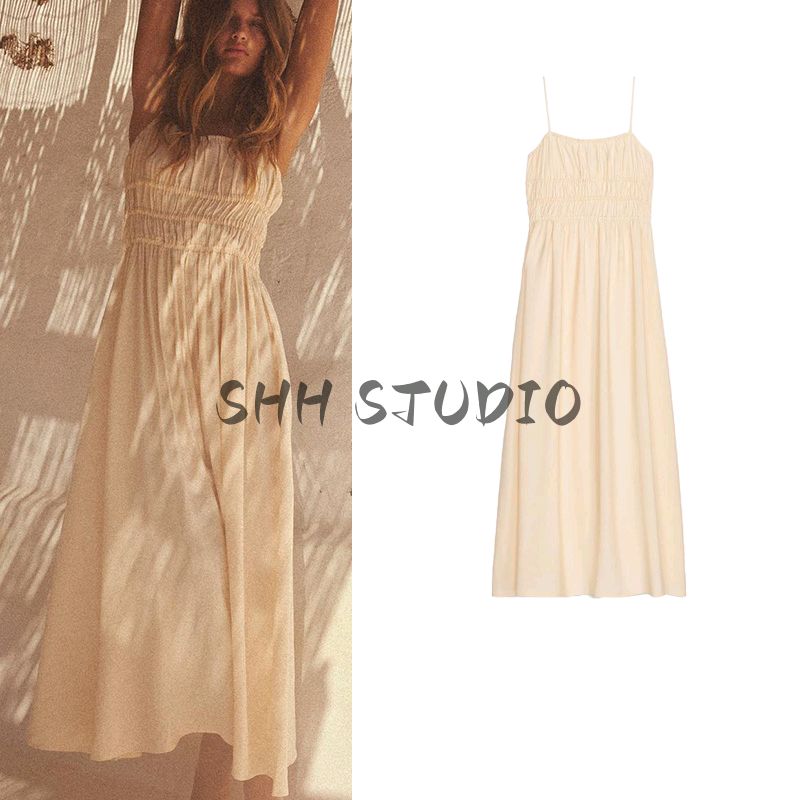 Spring New Women's Clothing Straight Collar Sleeveless Viscose Blended Vacation Style Drape Midi Skirt Dress 3152368