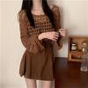 Summer loose lazy horn sleeve air-conditioning shirt hollow thin breathable blouse grid short knitted top women