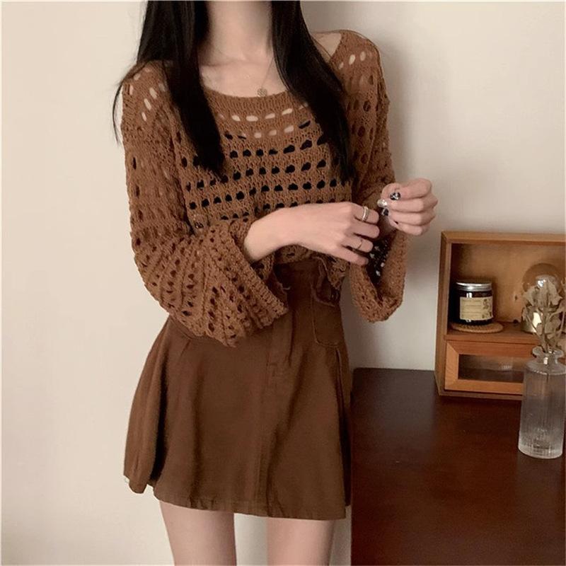 Summer loose lazy horn sleeve air-conditioning shirt hollow thin breathable blouse grid short knitted top women