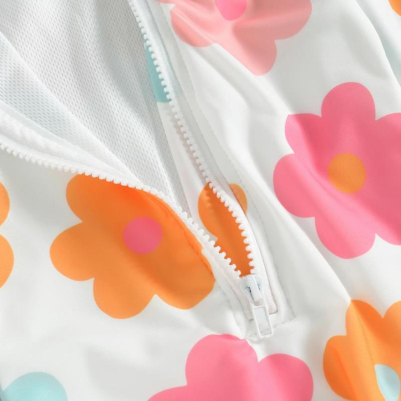 Kids Baby Girl Swimsuits Summer 2024 Floral Long Sleeve Zipper Ruffles Jumpsuit Swimwear Beachwear Bathing Suits