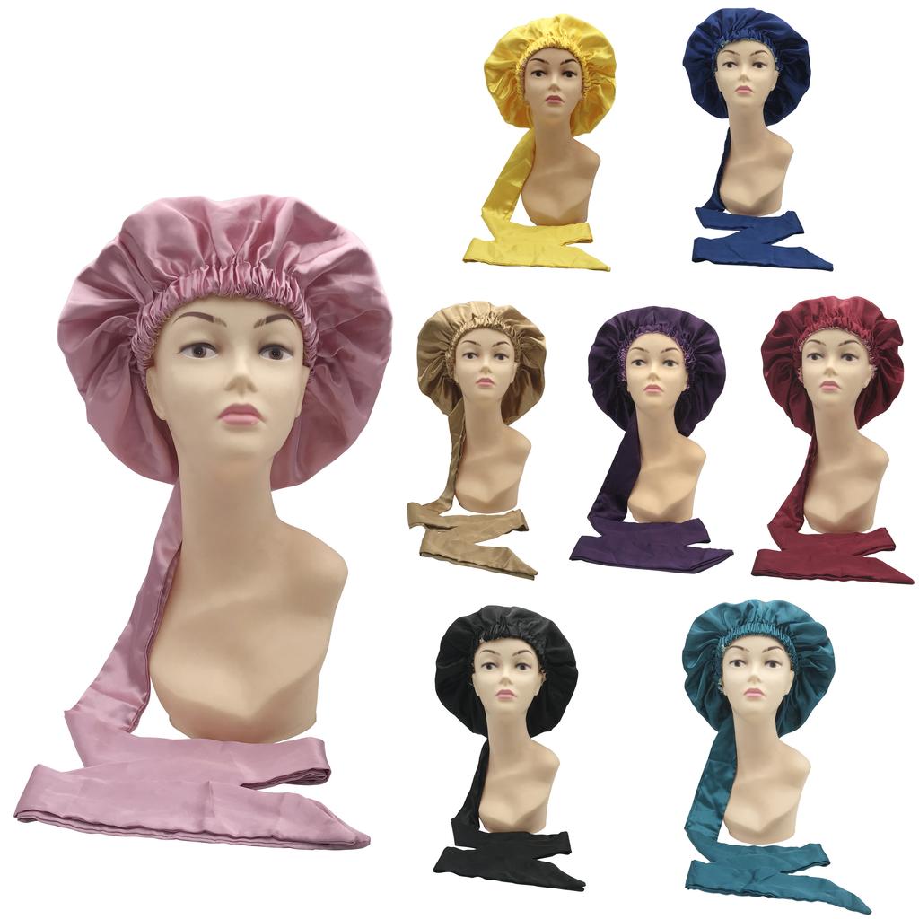Double Layer Satin Bonnet Hair Wraps Long Band Custom Designer Bonnets Adjustable Elastic Bonnet