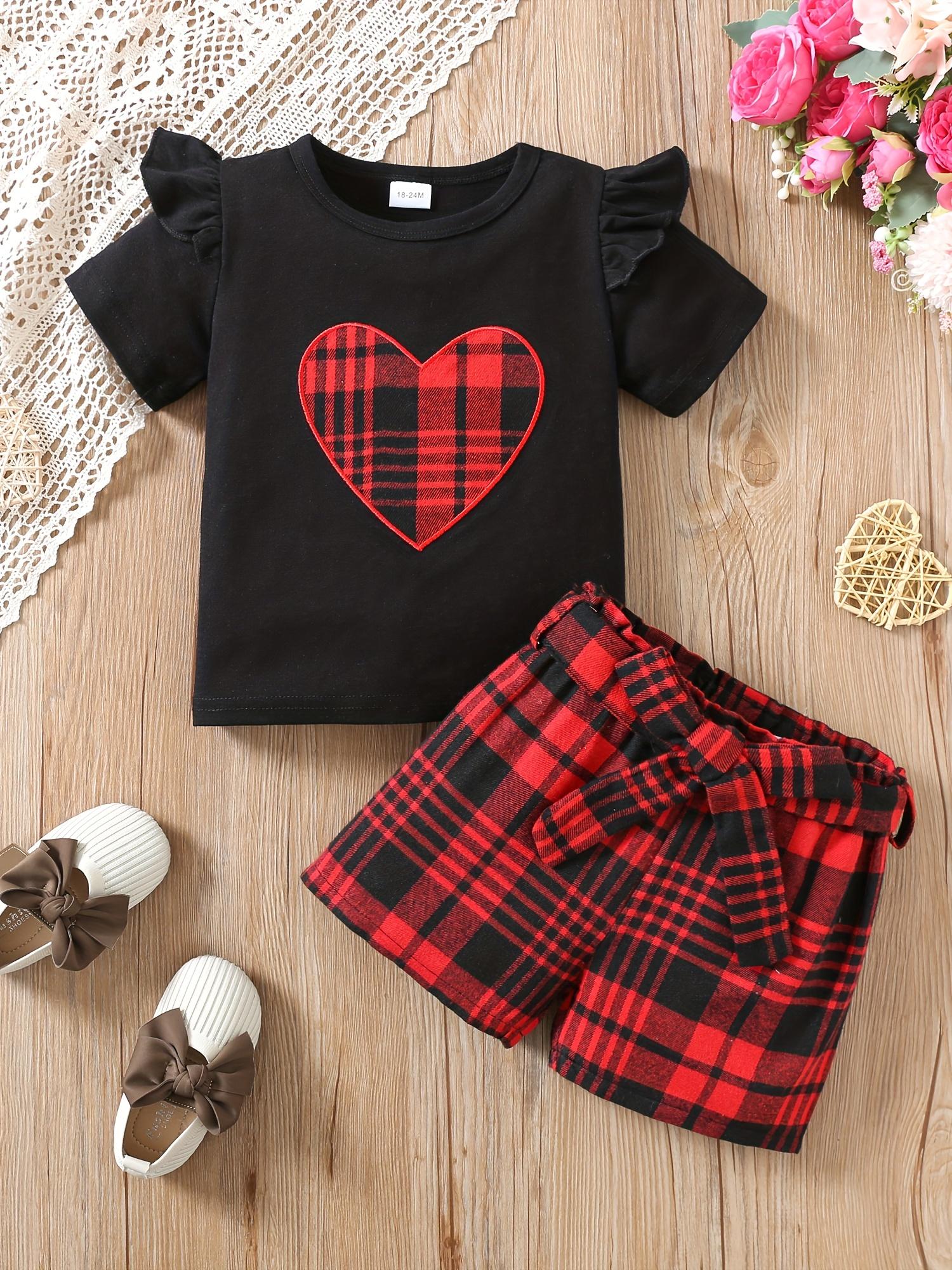 Girls Fashion Outfit Plaid Heart Embroidery Flutter Sleeve Top and Shorts 3 Piece Set 1-2Y