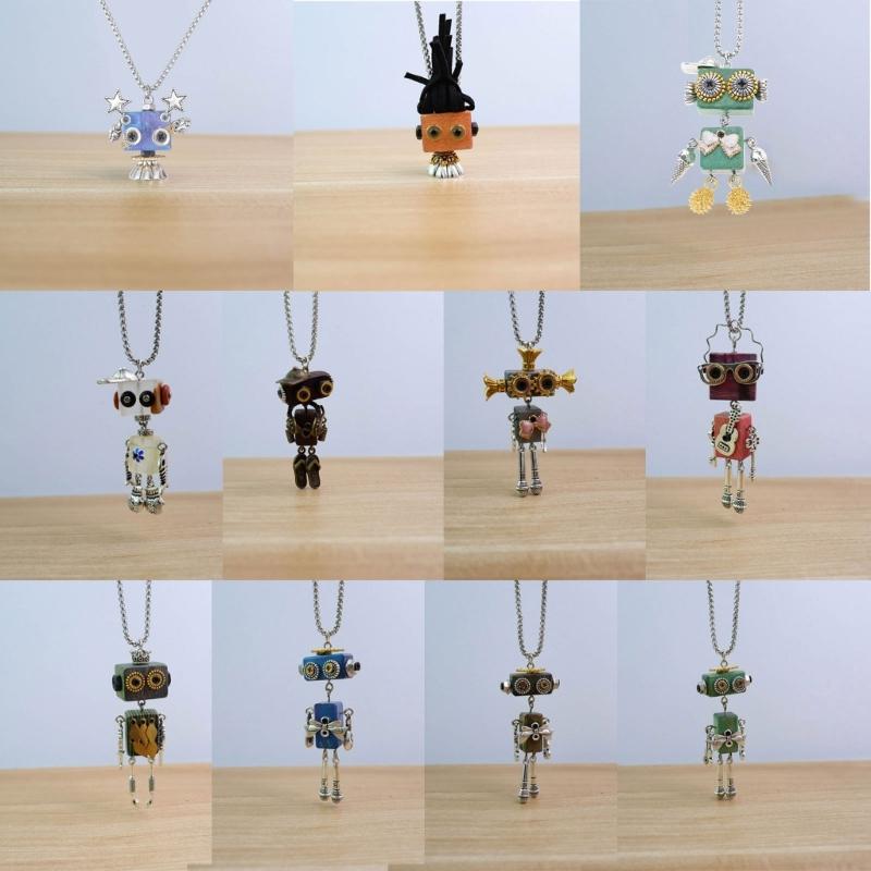 Wood Block Robot Pendant Necklace Adjustable Length Punk Neckchain Stylish Leather Cord Accessory Fade Resistant Chokers