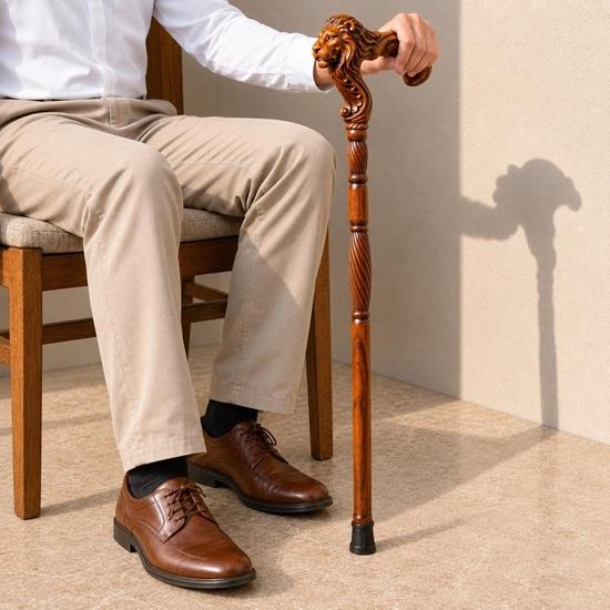 Hand Carved Lion Head Walking Stick Handmade Wooden Gentleman Cane Luxury Collectible Mobility Aid Grandpa Gift Travel