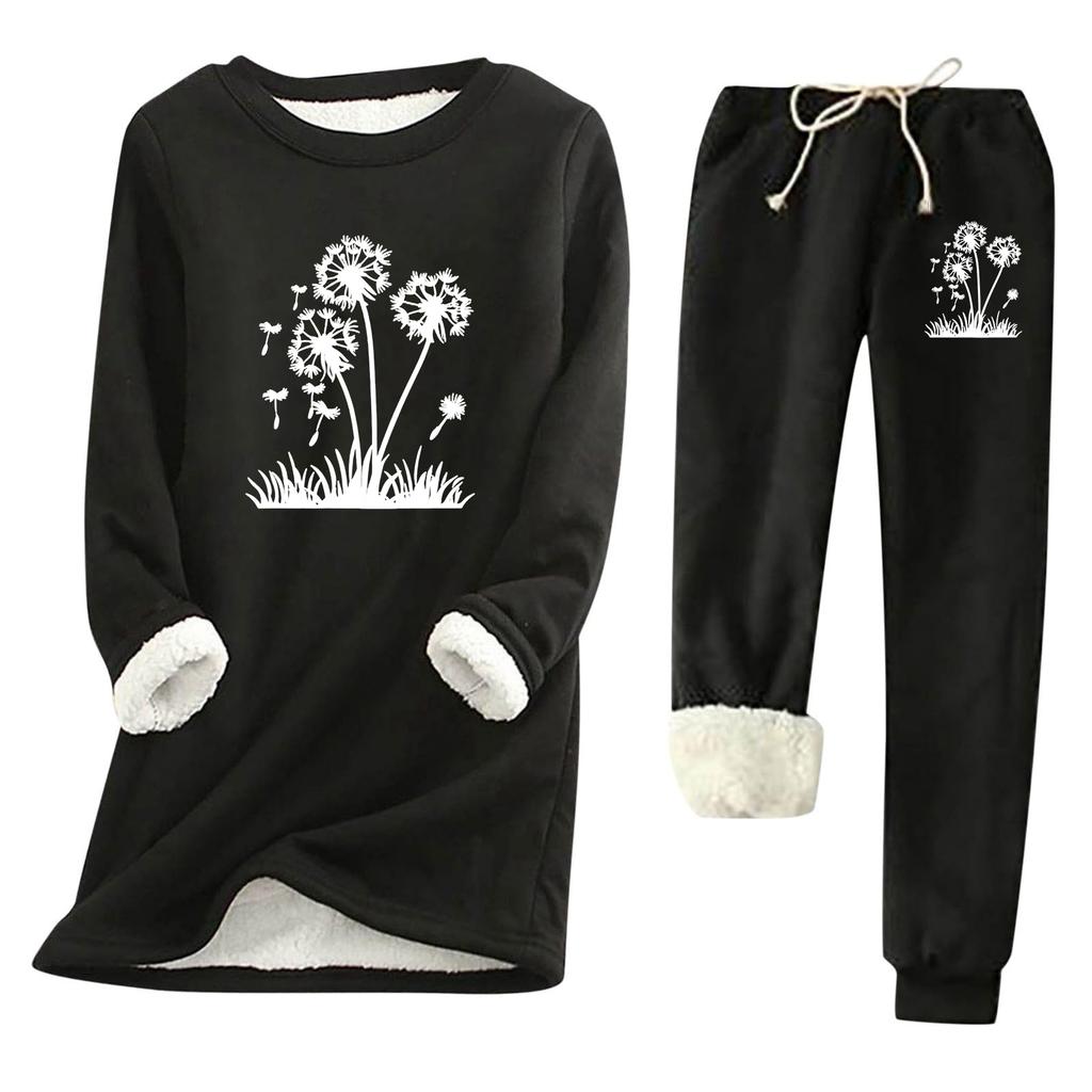 Women's Print Round Neck Warm Suit Long Sleeve Fleece Drawstring Sweatpants Two-Piece Set
