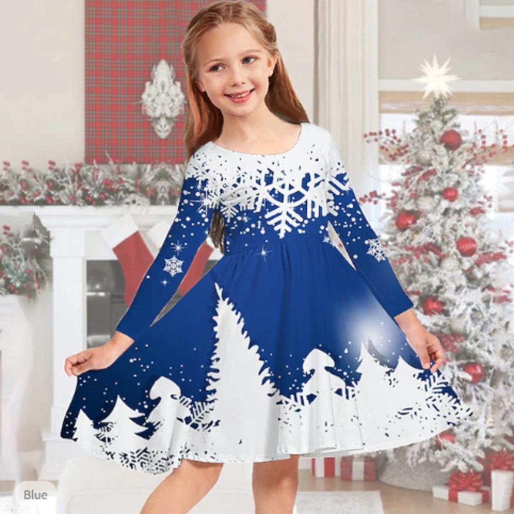 Girl Casual 3D Snow Gradient Print Round Neck Long Sleeve Dress Kid Princess Dress