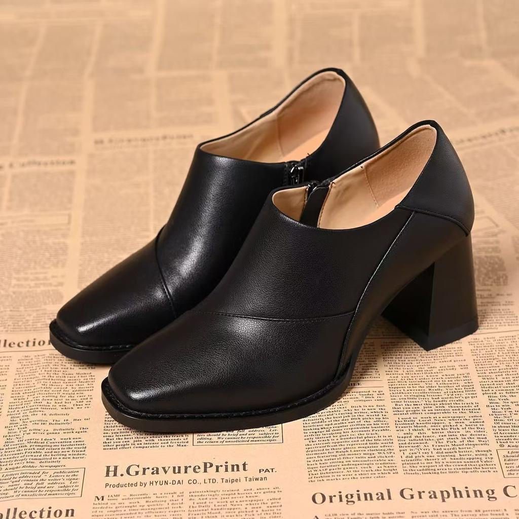 French simple square head thick heel single shoes 2025 spring and autumn retro low top light commuting deep mouth high heels women