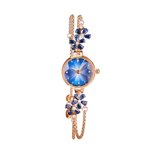 Time100 Sommer Damen Armbanduhr Japanisches Quarz Armband Stil Facettiertes Glas Kristallverzierter Riemen Wasserdichte Uhr Geschenkbox (Blaue Farbe)