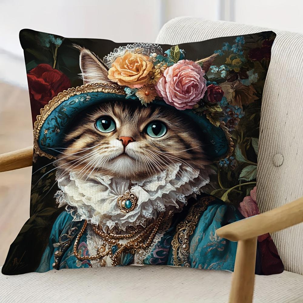 2D Flat- Vintage Royal Cat Throw Pillow Cover Victorian Floral Lady Cat Decorative Pillowcase For Sofa Bedroom Living Room