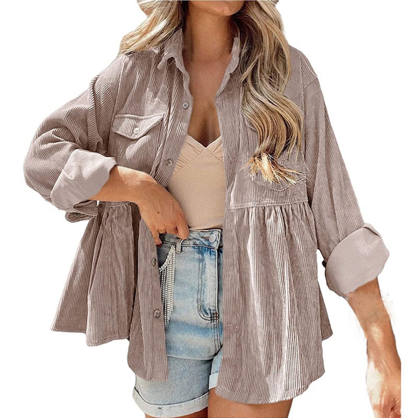 

Женские топы с длинными рукавами, повседневные рубашки, карманы на пуговицах, базовые вельветовые футболки с рюшами, кардиган XXL