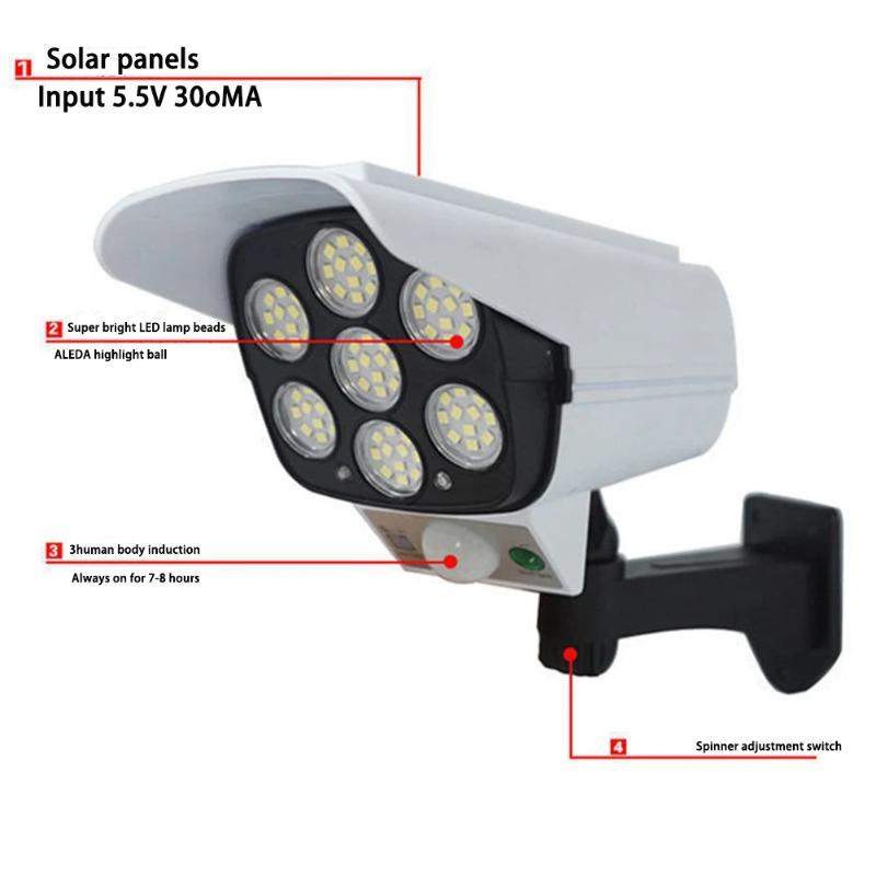 Lumină solară cu 77 led-uri LED Lumină solară în aer liber Senzor de mișcare Lampă solară de noapte Lampă pentru cameră manechinică de securitate IP65 Lumină rezistentă la apă
