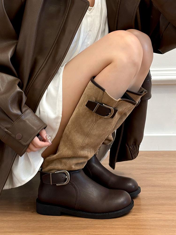 2026 Thick Bottom British Style Belt Buckle Mid Barrel Knight Women's Retro Round Head Long Boots