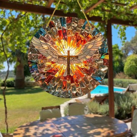 Engelvinge Solfanger Hengepynt Farget Glass 2D Flatt Akrylglass Vindu Vegghengt Rundt Skilt Ornament Kristelig Religiøs Gave