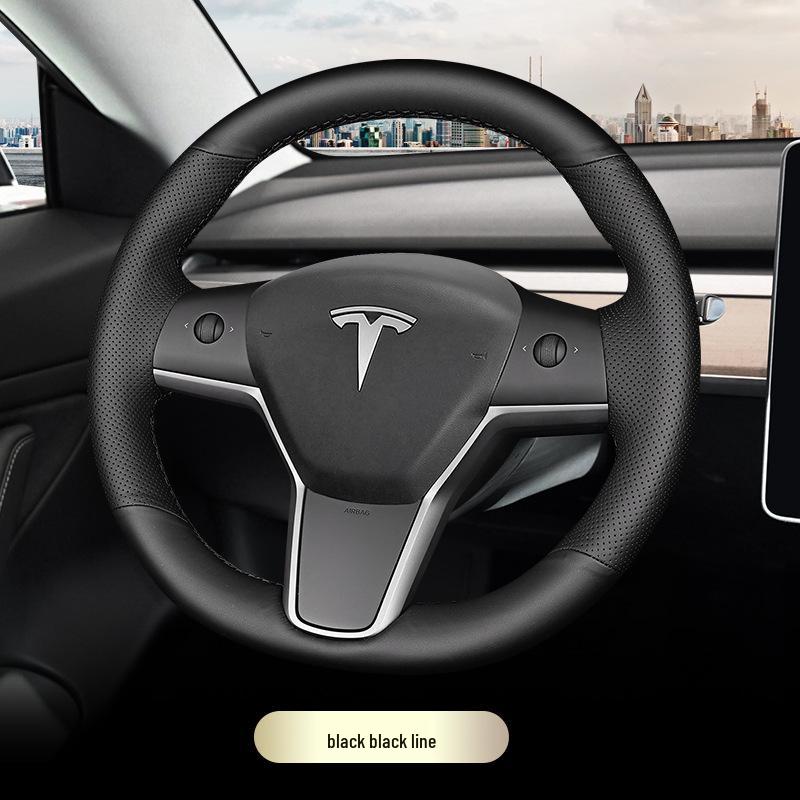 Tesla Hand-Stitched Genuine Leather Steering Wheel Cover for Models 3/Y/X/S - Full Coverage, Anti-Slip Grip.