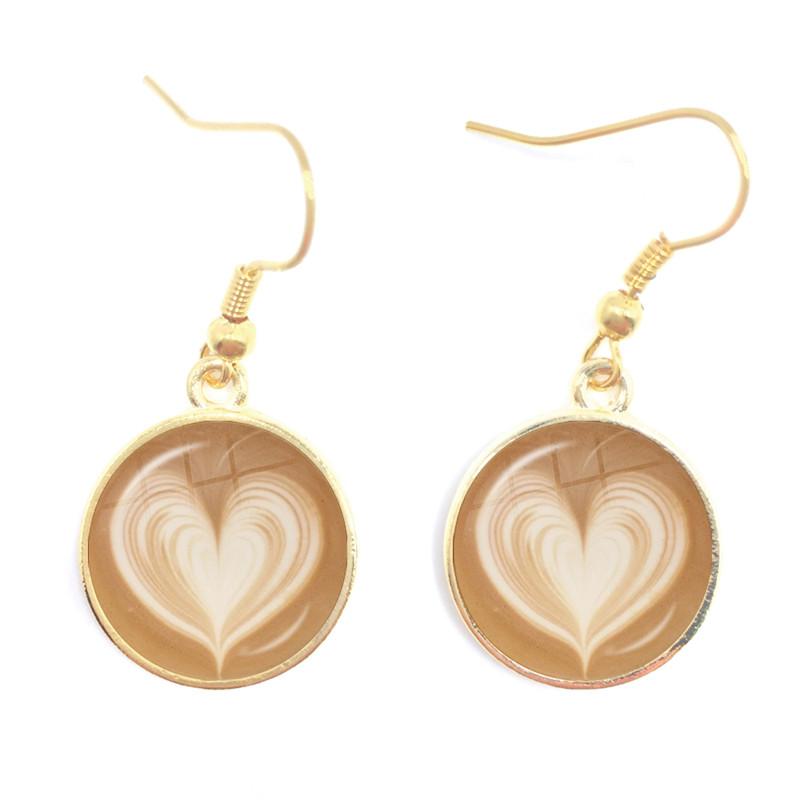 Coffee Latte Carving Love Heart Art Drop Earrings Chocolate Printing Flower Charm Jewelry For Women Gift Wholesale