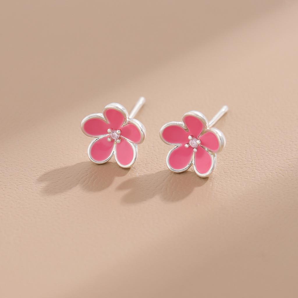 Cute Literary Flower 925 Sterling Silver Pink Epoxy Crystal Stud Earrings
