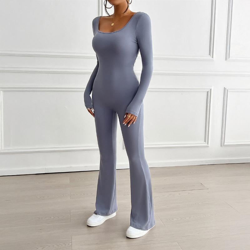 Women's Autumn and Winter Temperament Slim U-neck Backless Long-sleeved Blouse Micro-la Jumpsuit