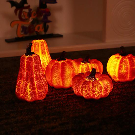 Cracked Pumpkin Figurine Halloween Light-up Pumpkin Sculpture Resin Fall Thanksgiving Tabletop Centerpiece for Halloween Autumn Harvest Home Decor