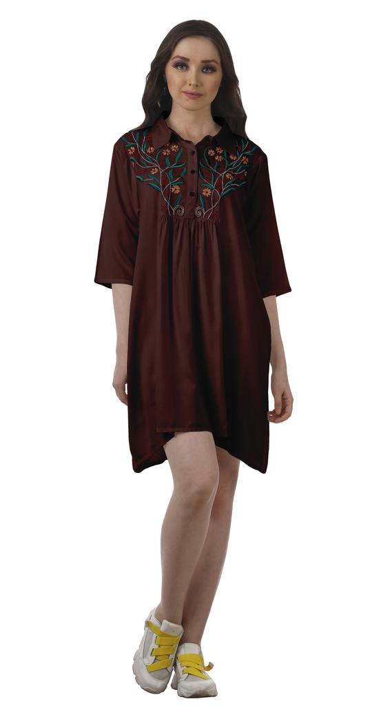 Moomaya Short Collar Rayon Dress Embroidered Tunic Mini Dress Women Swing
