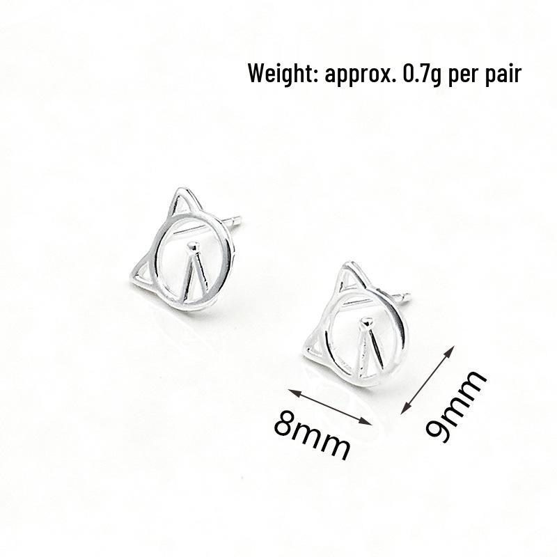 S925 Sterling Silver Stud Earrings, Cute Cartoon Kitten, Hollow Geometric Design, Full Silver Needles 925 Silver