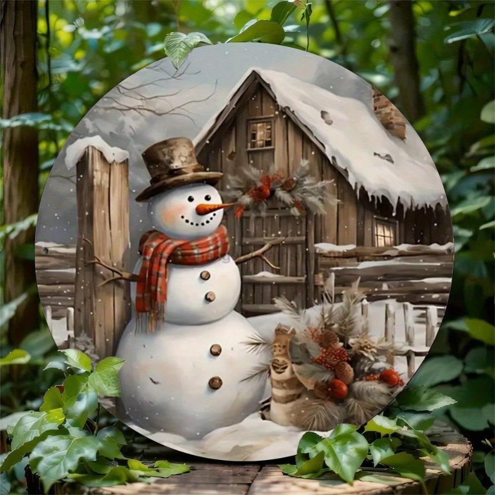 Vintage Snowman Metal Wall Art Round Iron Sign Winter Cabin Decor for Home Kitchen Cafe Bar Christmas Holiday