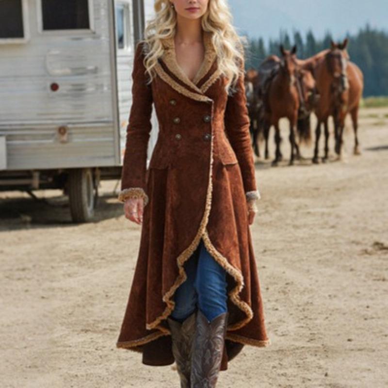 Cowboy Women's Western Retro Windbreaker Plush Autumn and Winter Fashionable Warm Jacket Splicing Long Style