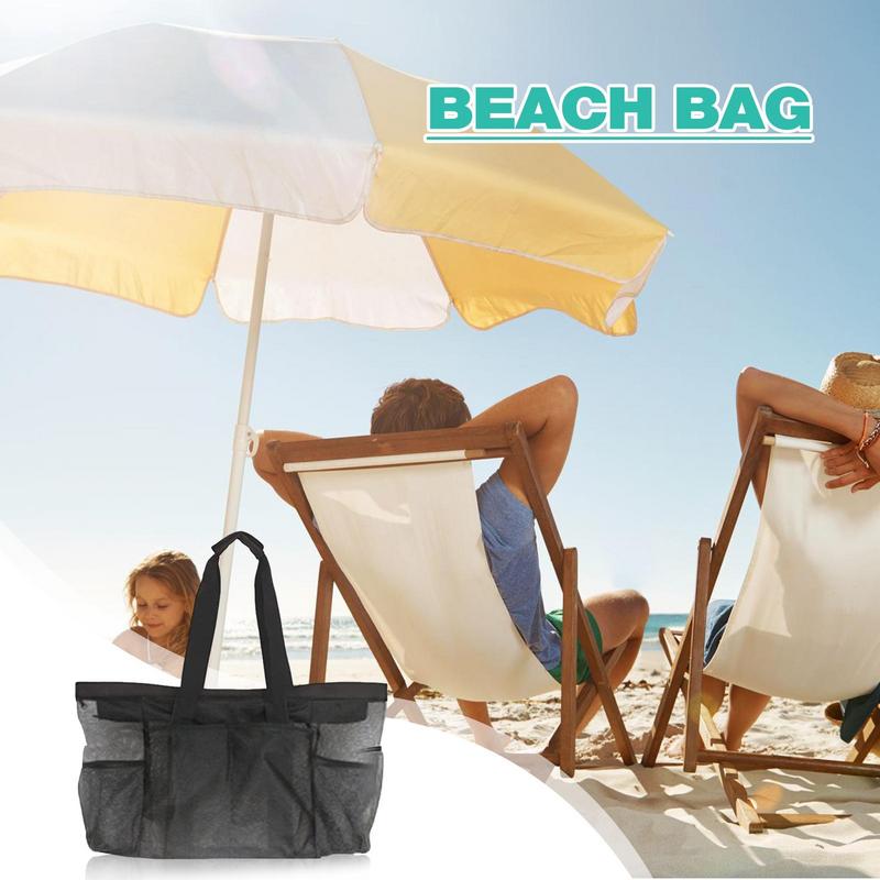 Oversized Beach Tote Tote With Pockets Mesh Large Beach Tote Bag 8 Pockets Nylon Beach Towel Bag External Zipper Beach Tote