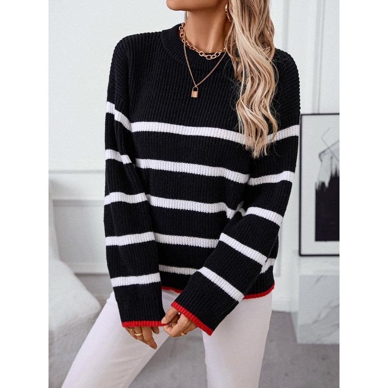 Women's Fall/winter Sweater with Patchwork Striped Pullover Crewneck Knit Sweater