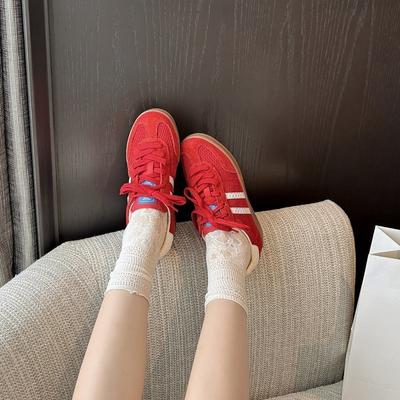 Red Leather German Training Shoes Women's 2025 New Inner Height Increase Mesh Casual Sports Shoes Versatile Low-top Forrest Gump Board Shoes