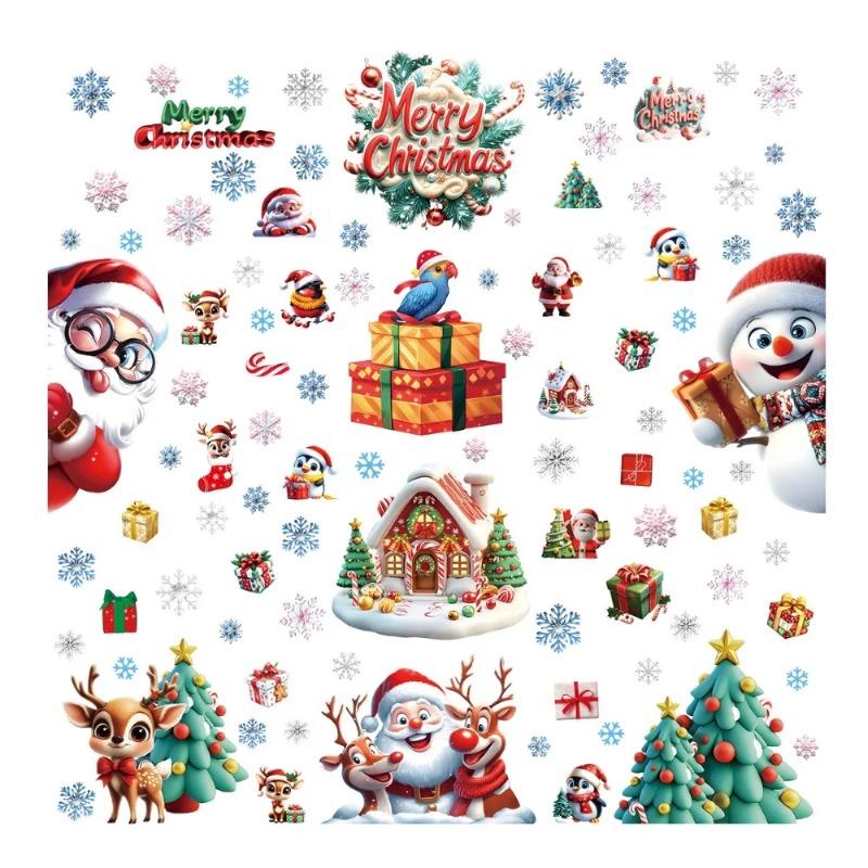 3D Christmas Window Stickers Electrostatic Cling with Santa Claus Snowman Snowflakes for Home Office Party Decor Reusable