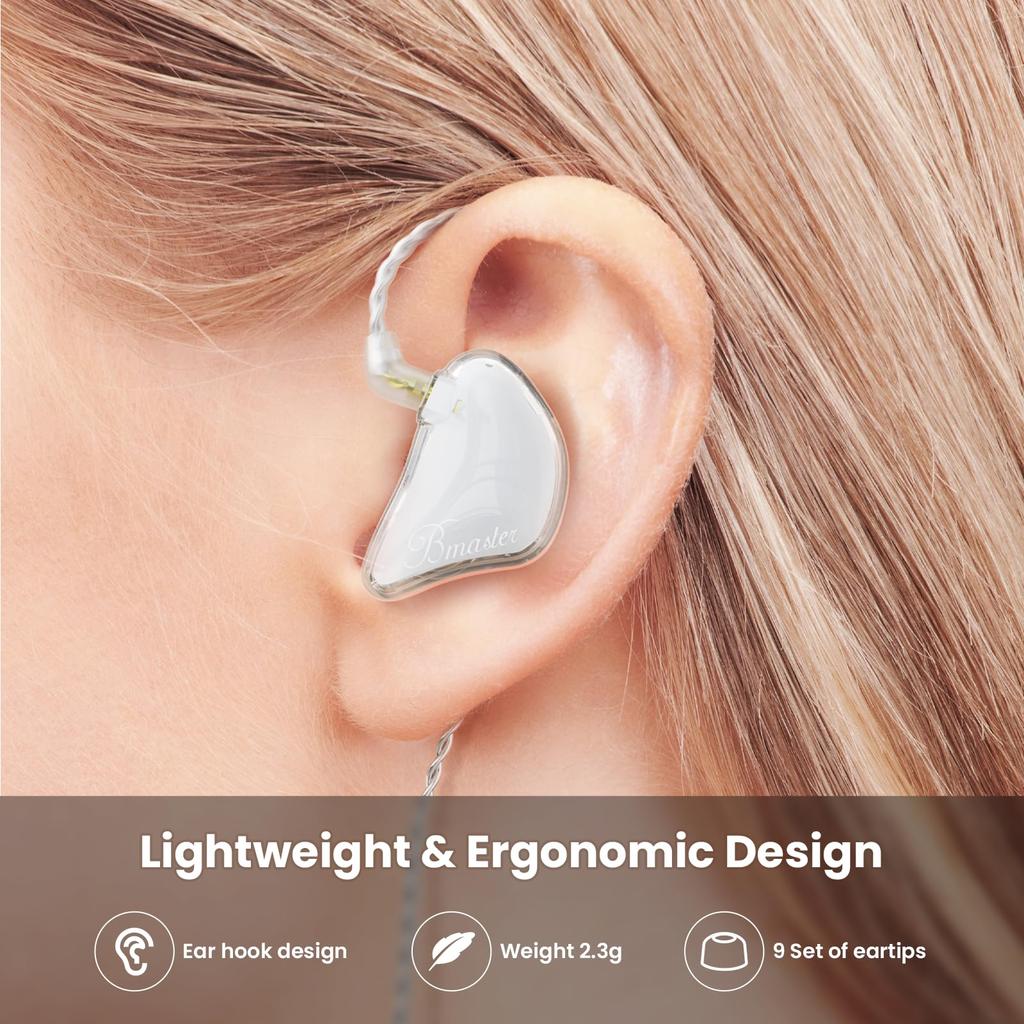 BASN Bmaster IEM Triple Driver In-Ear Monitor Earphones with Two Detachable MMCX Cables for Musicians and Drummers (White)