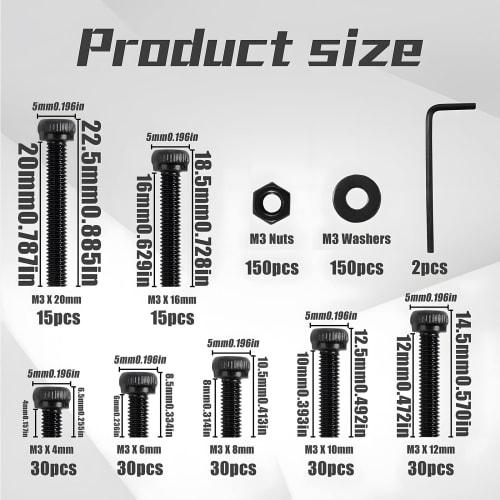 Zmbroll M3 480-Piece Black Alloy Steel 12.9-Row Hex Socket Head Bolt Nut Washer Set with Wrench