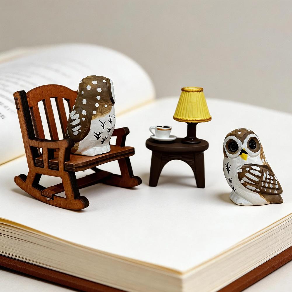 Hand Carved Mini Decorative Wooden Owl Figurines Cute Hand-Painted Owl Statue Kawaii Desk Decor Ornament Gift for Owl Lovers