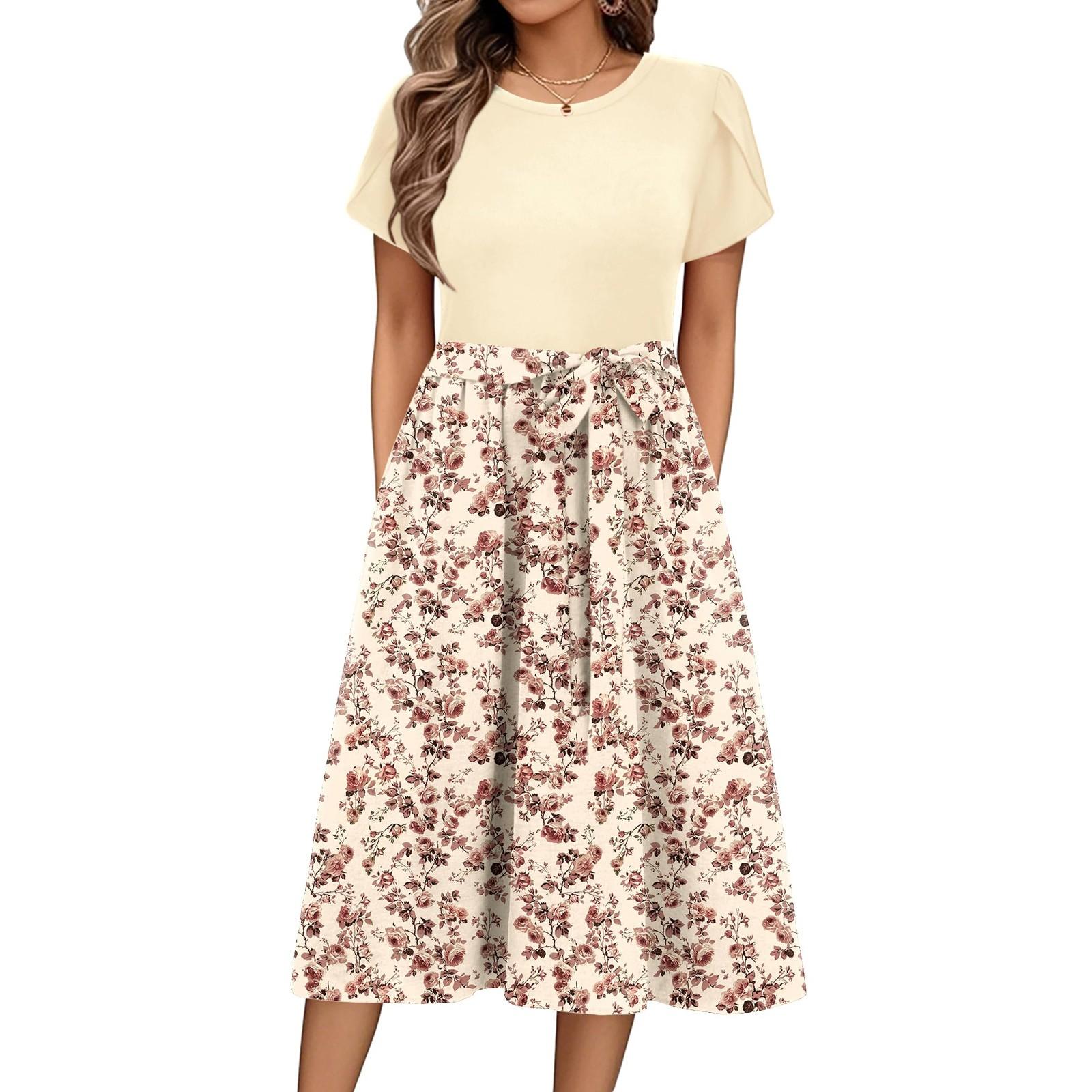 

Женское повседневное платье миди с милым узором и круглым вырезом, классическое повседневное свободное платье с коротким рукавом XXL бежевый