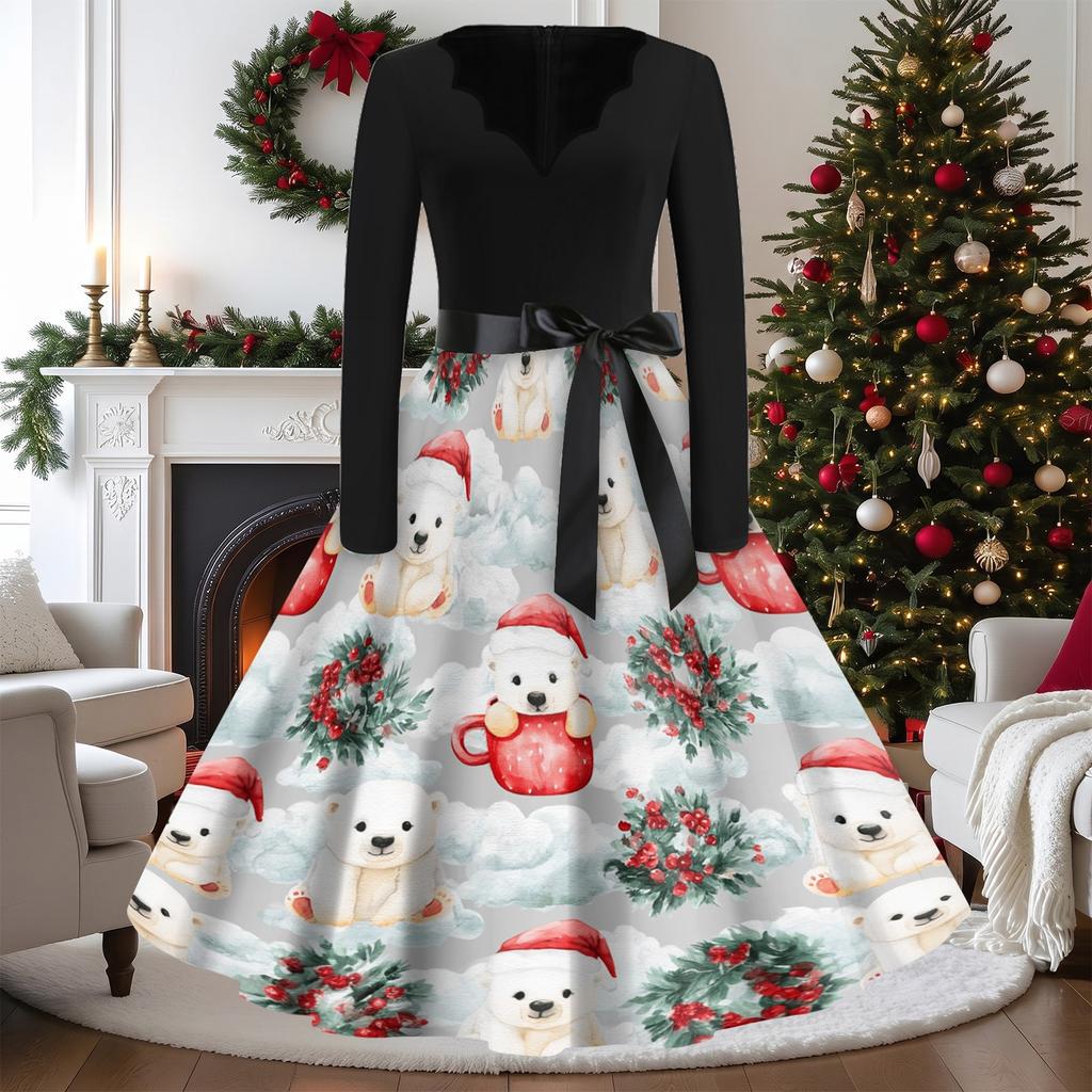 Women's Casual Vintage V-Neck Long Sleeve Dress with Christmas Print