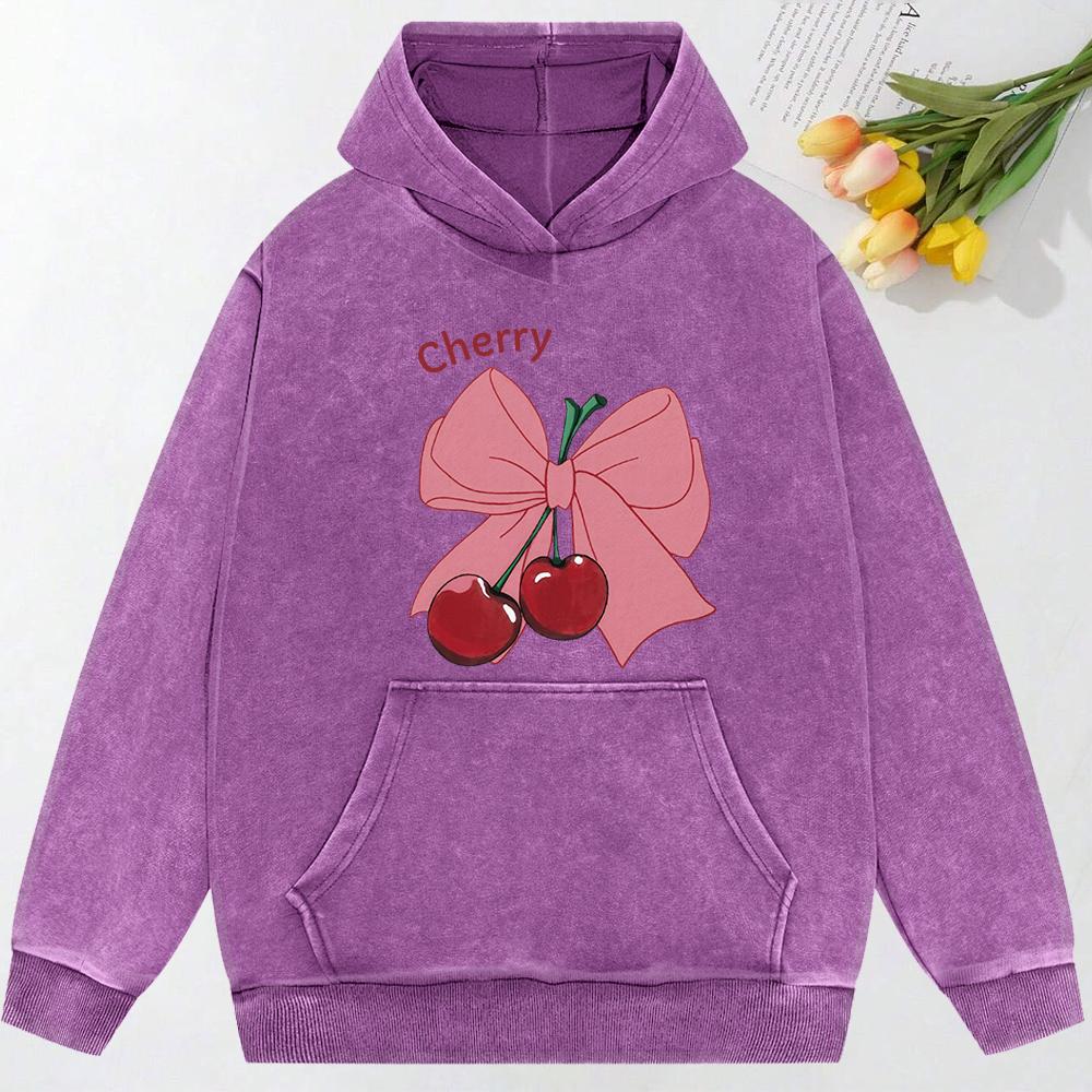 Bow Cherry Cartoon Printing Women Washed Hoodie Oversized Streetwear Comfortable Soft Hoodie Cotton Sweatshirt