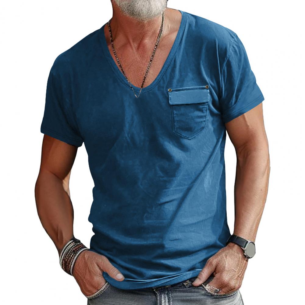 Men Summer T-shirt V Neck Short Sleeves Solid Color Stretchy Chest Pocket Thin Quick Dry Simple Style Casual Daily Wear Sport To