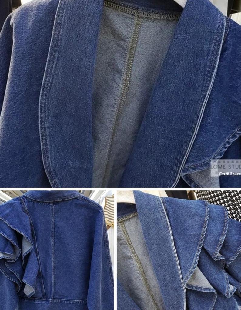 Korean-Style Ruffle Slim-Fit V-Neck Denim Jacket