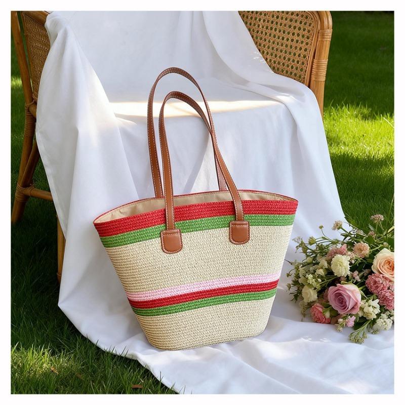 Damen Große Kapazität Gewebte Eimer Tasche Einzelne Schulter Handtasche Farbblock Mode Strandtasche