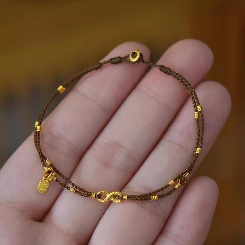Handwoven Bohemian Bracelet With 8K Gold-Plated Charm Adjustable Cord Wrap Women 2025 New Design Infinite Wealth Bracelet