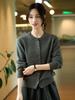 Classic Grey Beaded Round Neck Wool Cardigan Sweater for Autumn/Winter