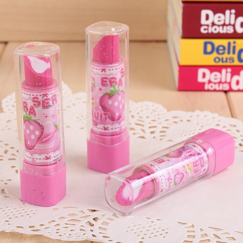 3Pcs Fashion Cute Lipstick Eraser Students Eraser Rubber Stationery Kid Gift Toy Color Random