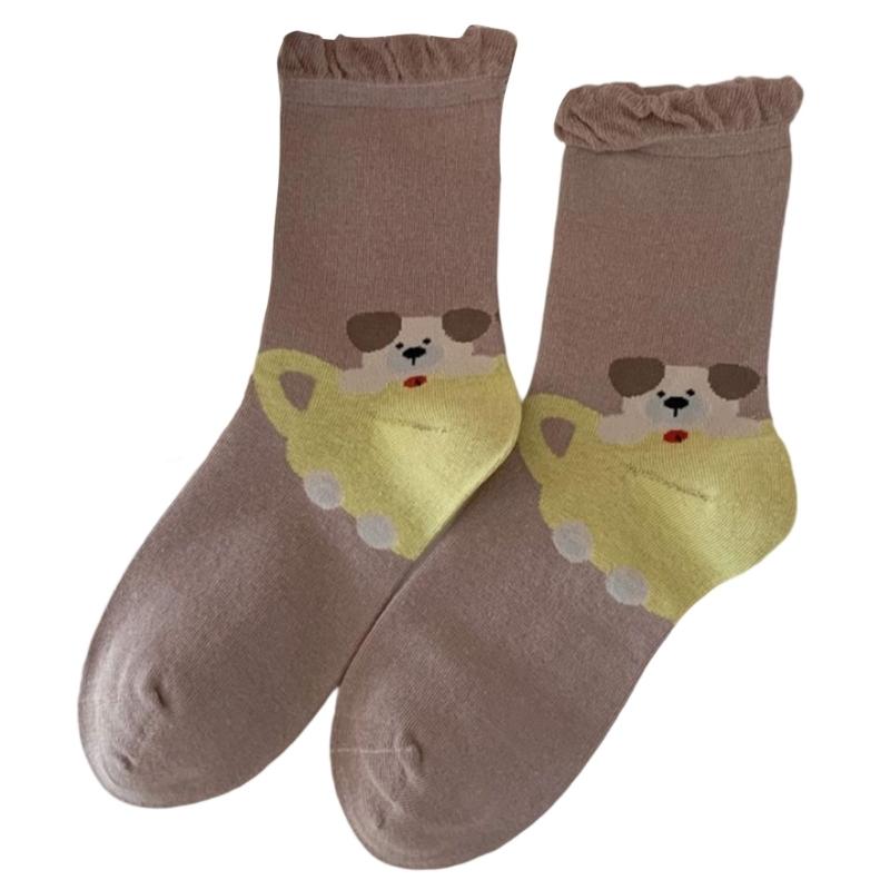 Fashionable Middle Calf Socks with Cartoon Animal Designs in Soft Cotton Bubble Cuffs Crew Socks Hosiery for Women Teens